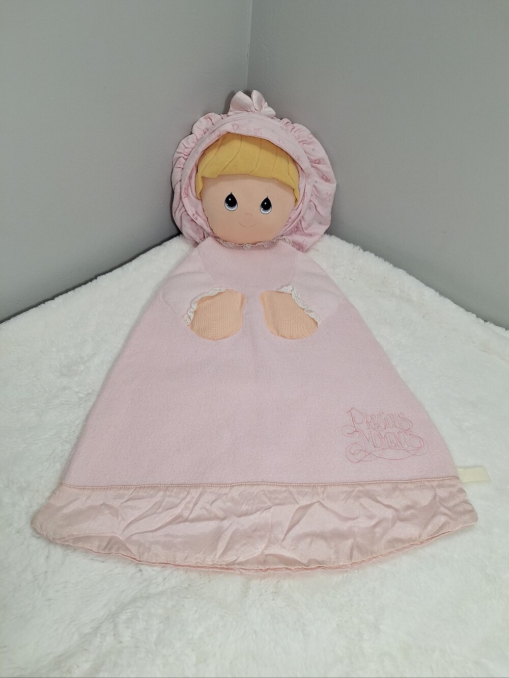Vtg Precious Moments Soft Pink 24 Inch Satin Trim Security Blanket Doll W/Bonnet
